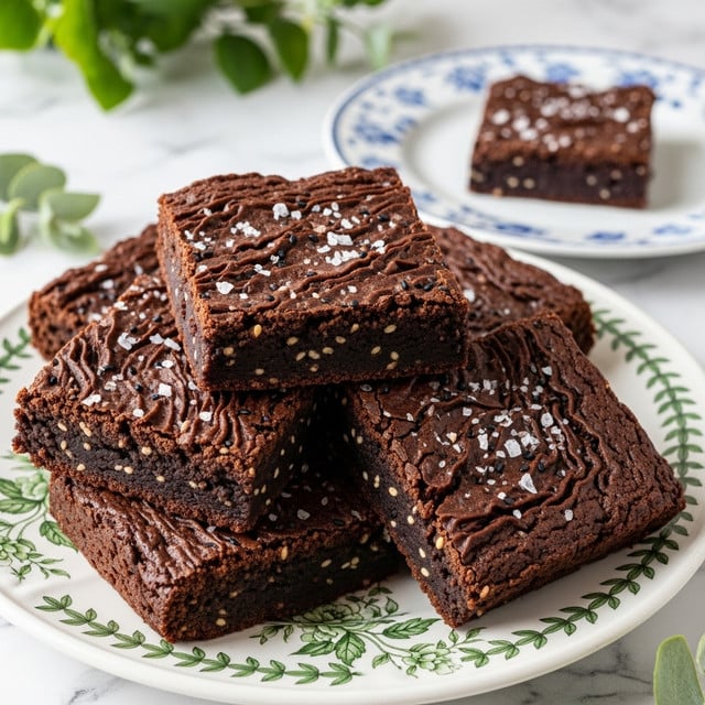 This image shows several square-shaped brownies stacked and spread on a white plate decorated with green floral patterns. The brownies have a rough, wrinkled dark brown to almost black surface sprinkled with coarse white salt flakes and some dark seeds. The texture looks dense and slightly crumbly, with a rich, deep color. In the background, there is a white plate with a blue floral pattern holding a single brownie, and the setting rests on a white marbled texture with some greenery blurred in the foreground. photo taken with an iphone --ar 4:5 --v 7