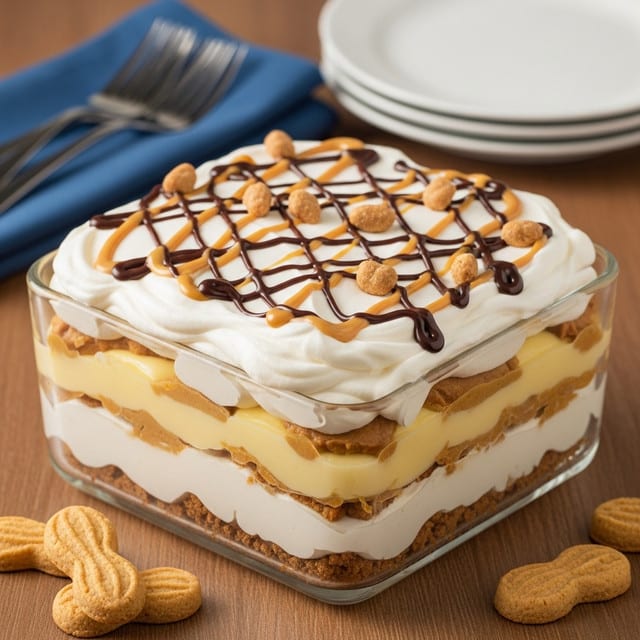 A clear square glass dish shows a layered dessert with four visible layers: the bottom layer is white cream, followed by a light brown peanut butter layer mixed with creamy yellow custard, then another white cream layer, and on top a thick white whipped cream layer. The top is decorated with drizzles of light brown peanut butter sauce and thin lines of dark chocolate sauce, scattered with small crunchy peanut butter candy pieces. The dish sits on a wooden table next to a blue napkin with forks and a stack of white plates in the background, along with a few peanut-shaped cookies in the foreground. Photo taken with an iphone --ar 4:5 --v 7