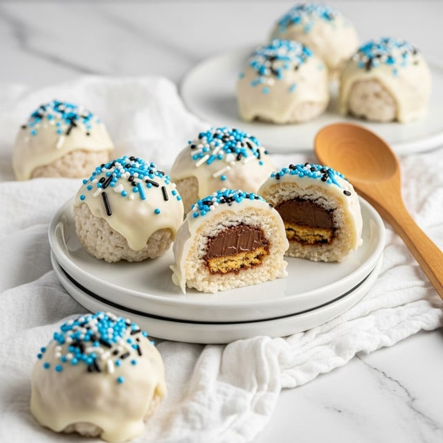 Five small round treats sit on two stacked white plates, placed on a white marbled surface covered by a soft white cloth. Each treat is coated in smooth white icing with tiny blue, black, and white round sprinkles scattered on top. One treat is cut in half to show the inside layers: a crunchy golden layer surrounds a center of chocolate, all covered with the white icing on the outside. A wooden spoon rests nearby, adding a natural touch. The lighting highlights the glossy icing and the texture inside the cut treat. photo taken with an iphone --ar 4:5 --v 7