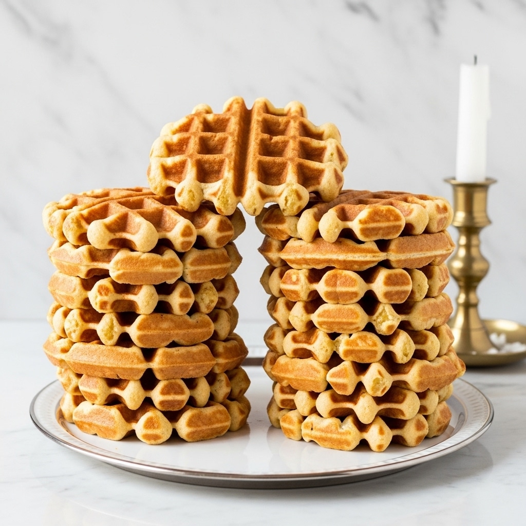 The image shows a tall stack of golden-brown waffles piled high on a white plate with a silver edge. The waffles are thick with a crispy texture and have square pockets that catch the light, highlighting their crunchy surface. The stack is arranged in two leaning towers that form a loose arch shape. The background features a white marbled texture surface with a vintage-style brass candle holder on the right side. The warm natural light softly illuminates the waffles, making them look appetizing and freshly made. photo taken with an iphone --ar 4:5 --v 7