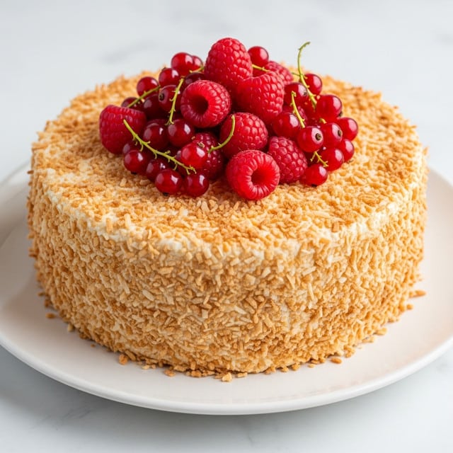 A round cake covered fully in toasted light golden coconut flakes, creating a rough texture all over the cake’s outside. On top, there is a cluster of fresh, bright red raspberries and red currants, piled in the center, adding a burst of color and freshness. The cake sits on a plain white plate, placed on a white marbled surface. photo taken with an iphone --ar 4:5 --v 7