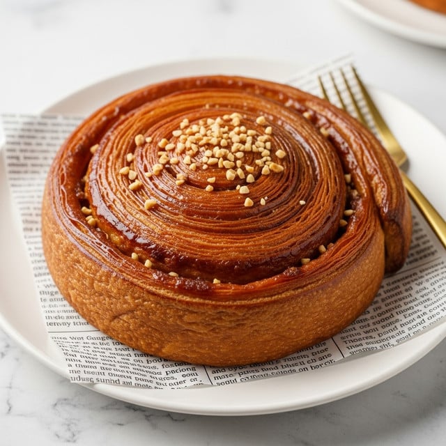 A close-up image of a glazed spiral pastry with a shiny, golden-brown surface and a slightly darker center, topped with small pieces of crushed nuts scattered across the top. The pastry sits on a white plate lined with a sheet of printed paper, all placed on a white marbled texture. A gold-colored fork is partially visible on the right side of the plate. The pastry looks soft and moist with a glossy finish, showing its layers spiraled tightly from center to edge. Photo taken with an iphone --ar 4:5 --v 7