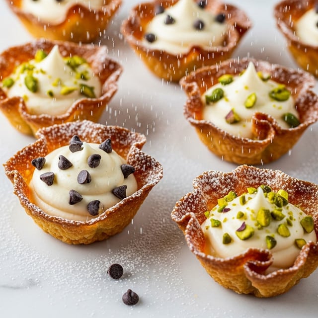 This image shows small tartlets placed on a white marbled surface, each with a crispy golden-brown shell that looks flaky and textured with edges curled up slightly. Inside the shell, there is a smooth, creamy off-white filling piped in soft swirls. Some tartlets are topped with small dark chocolate chips scattered on the creamy filling, while others have pieces of chopped green pistachios. A light dusting of white powdered sugar floats over and around the tartlets, adding a delicate snowy effect. A few loose chocolate chips are on the surface near the tartlets. The photo taken with an iphone --ar 4:5 --v 7