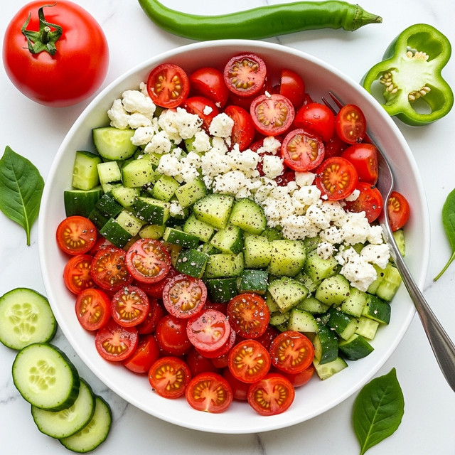 The image shows a white bowl filled with a fresh salad that has three main layers: bright red cherry tomatoes cut in half, light green diced cucumbers with dark green skin, and small white crumbles of feta cheese mixed evenly throughout. The ingredients are chopped into small pieces and sprinkled with black pepper and herbs. The bowl is placed on a white marbled surface, with a whole tomato, green pepper curls, cucumber slices, and green leaves scattered around. A silver fork is visible on the right side of the bowl. Photo taken with an iphone --ar 4:5 --v 7
