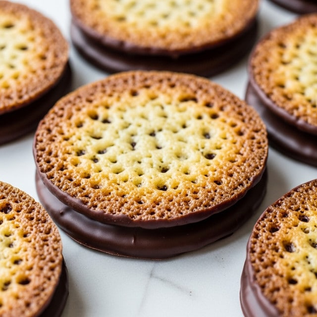 The image shows several round cookies with a thin, crispy, golden-brown top layer featuring many small holes and a slightly rough texture. Each cookie has a smooth dark chocolate layer covering the bottom, creating one chocolate-coated layer beneath the crisp top. The cookies are close together on a surface with a subtle white marbled texture. The focus is sharp on the front cookies, showing the fine details of the top and chocolate layers. Photo taken with an iphone --ar 4:5 --v 7