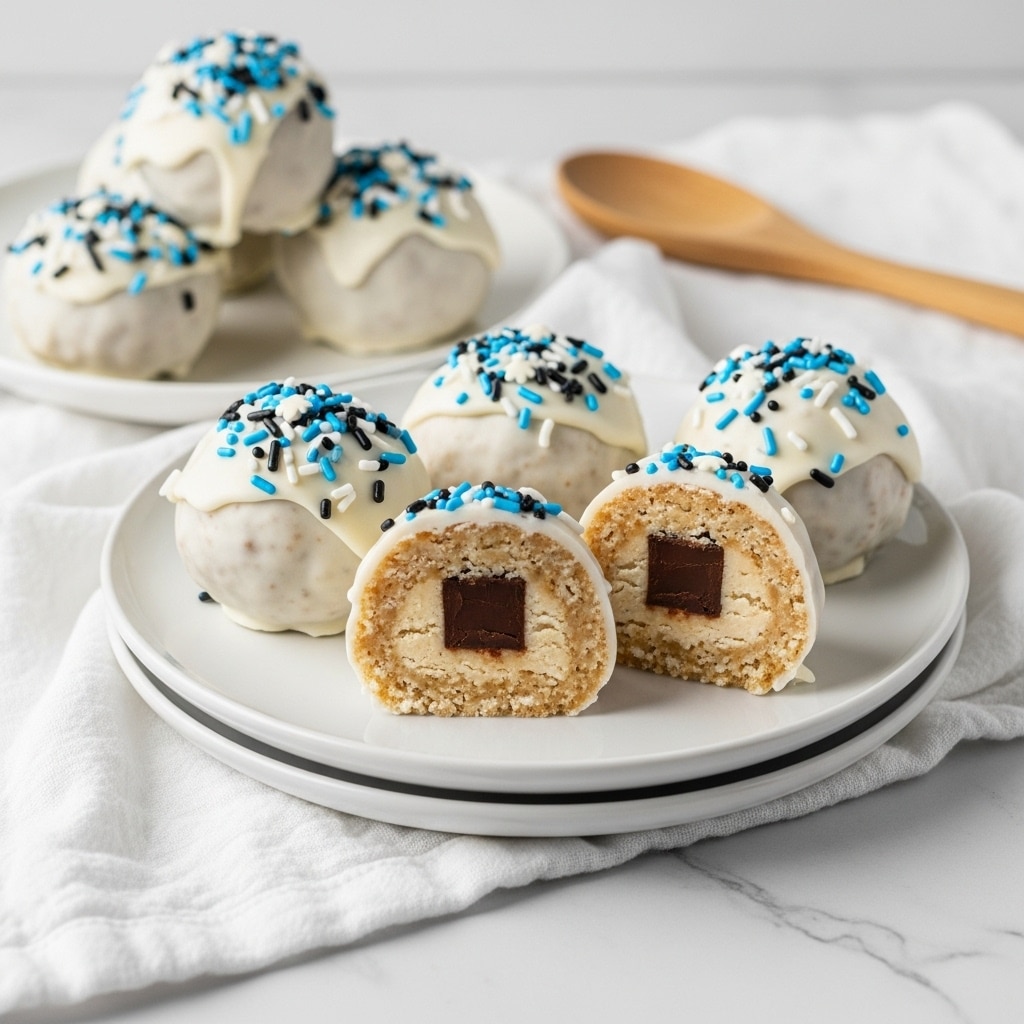 The image shows five round dessert balls on two stacked white plates with a soft white cloth underneath on a white marbled surface. Each ball is coated with smooth white icing and topped with small black, white, and blue sprinkles. Two balls are cut in half, revealing three layers: a light brown crunchy outer layer, a middle layer of light tan filling, and a small square of dark chocolate in the center. In the background, a wooden spoon lies on the cloth. The photo taken with an iphone --ar 4:5 --v 7