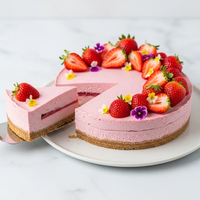 A round, smooth pink cheesecake with two visible layers on a white plate, the bottom layer is a thin, light brown crust and the top layer is a thick, creamy light pink filling. One slice is lifted on a silver cake server to the left side. The right half of the cheesecake is decorated with a mix of red strawberry halves and slices, and small light yellow flowers scattered on top. The background is a white marbled texture. Photo taken with an iphone --ar 4:5 --v 7