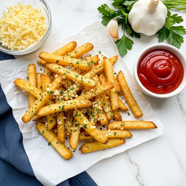 A pile of golden-brown baked fries with a crispy texture, sprinkled evenly with green herbs and small white garlic bits, rests on a piece of white parchment paper on a white marbled surface. To the right of the fries is a small white container filled with smooth red ketchup. A glass bowl with yellowish grated cheese sits in the upper left corner, and a whole garlic bulb along with fresh green parsley is visible in the top right area. A dark blue cloth peeks in from the bottom left corner. Photo taken with an iphone --ar 4:5 --v 7