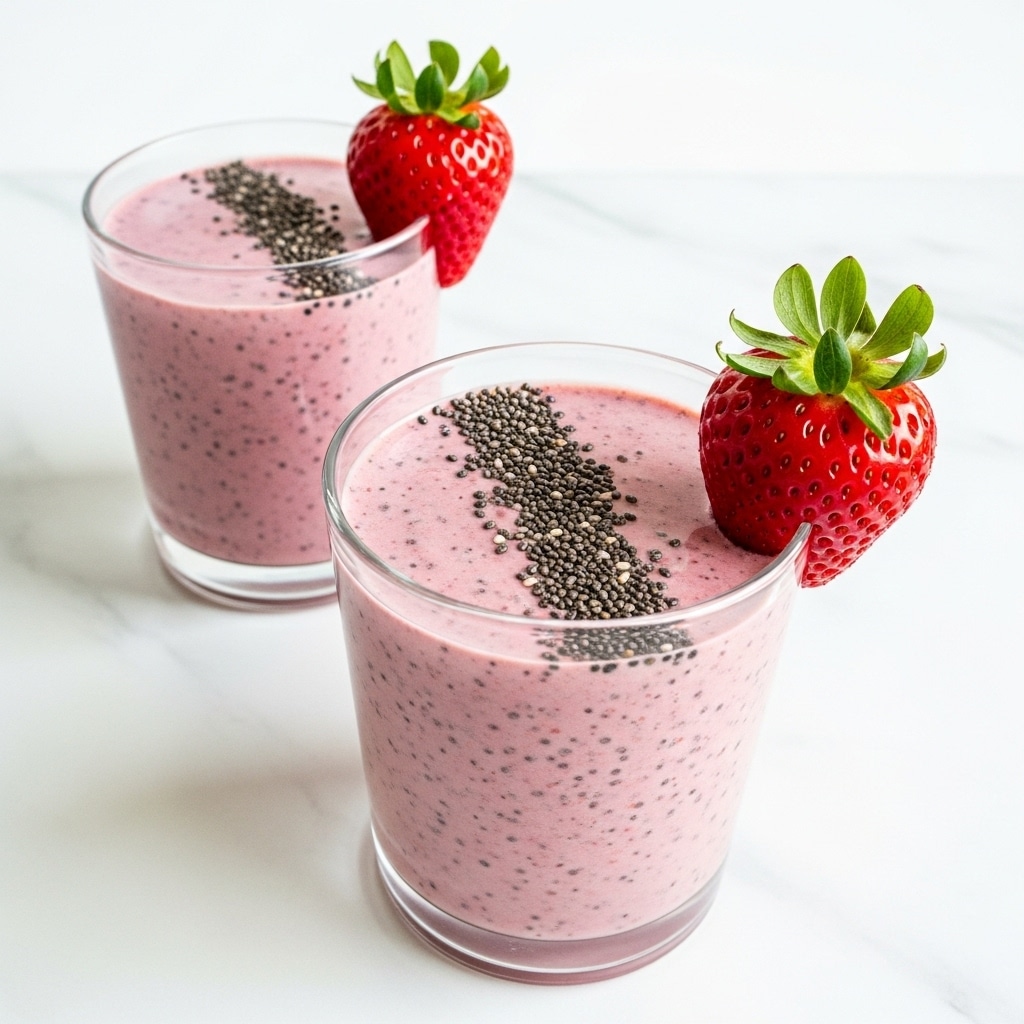 The image shows two clear glasses filled with a thick pink smoothie that has tiny dark specks spread evenly throughout. The smoothie fills each glass almost to the top, with a light, creamy texture. On the surface of the closer glass, there are small black chia seeds sprinkled neatly across, adding a rough contrast to the smooth look. Each glass is decorated with a fresh, bright red strawberry with green leaves perched on the rim, adding a vibrant color contrast. The background and surface are a clean white marbled texture, making the colors of the smoothie and strawberry stand out clearly. photo taken with an iphone --ar 4:5 --v 7