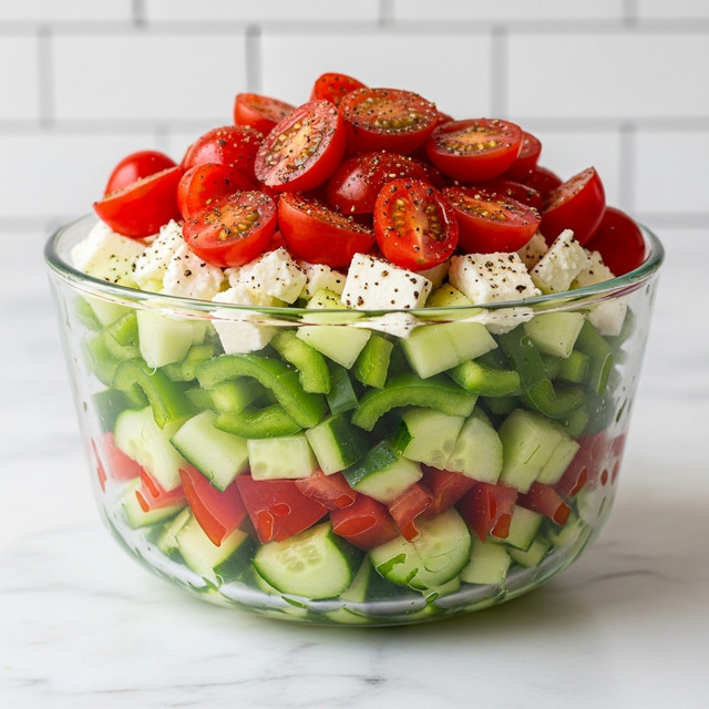 A clear glass bowl filled with a fresh salad shows several layers of chopped vegetables and cheese. The bottom layer is a mix of light green cucumber cubes and red tomato pieces. Above it, there is a mix of dark green bell peppers and more cucumber, with scattered white cheese chunks that look crumbly. Bright red grape tomatoes, some halved and others whole, sit on top, sprinkled with black pepper and herbs. The bowl is placed on a white marbled surface with a slightly blurred white tiled background. photo taken with an iphone --ar 4:5 --v 7