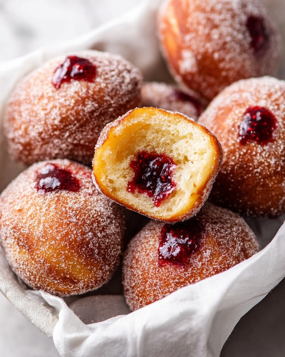 The image shows a close-up of five sugar-coated jelly donuts arranged in a slightly crumpled white cloth-lined tray. Four whole donuts display a golden brown, slightly bumpy surface covered with a generous layer of granulated sugar and topped with small dollops of dark red jelly. One donut is cut open in the front, revealing a soft, light yellow bread interior with a visible pocket filled with rich, dark red jelly. The setting has a soft focus, with a white marbled surface underneath. photo taken with an iphone --ar 4:5 --v 7