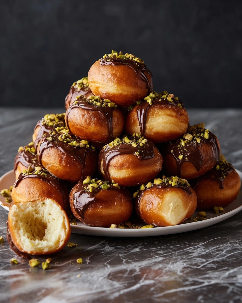 A tall pile of round golden-brown cream puffs is stacked on a white plate. Each puff is shiny with a smooth, slightly crispy texture. Dark chocolate sauce is drizzled thickly over every puff, creating glossy, uneven lines and patches. From above, golden honey flows slowly onto the top puff, catching the light and forming a thin, sticky stream that glistens as it falls. The white plate sits on a white marbled surface, and the background is dark, making the warm colors of the dessert stand out. photo taken with an iphone --ar 4:5 --v 7