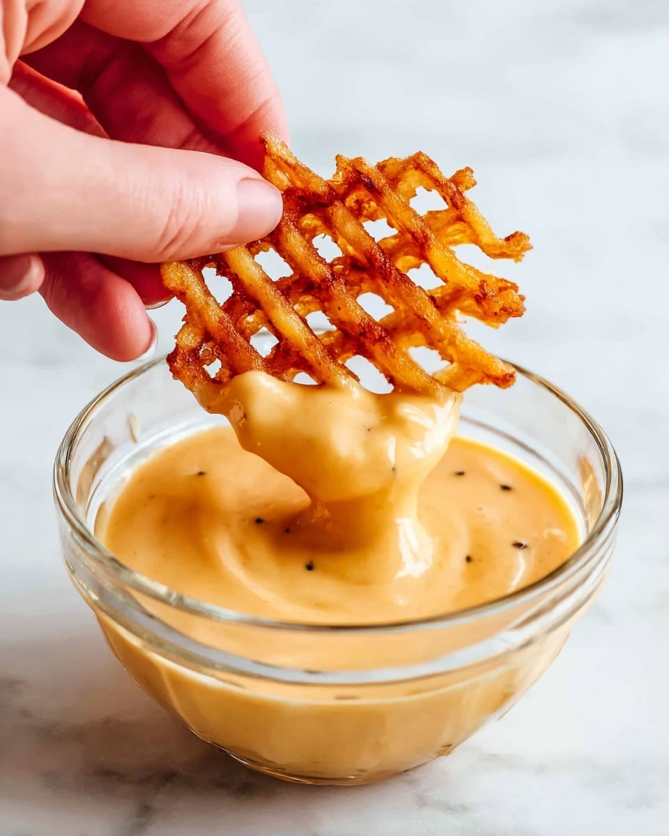 A close-up view shows a golden, crispy waffle-cut chip being dipped into a creamy, light orange cheese sauce inside a white ramekin. The cheese sauce has a smooth and slightly thick texture, clinging to the chip with a small drip falling back into the bowl. A woman's hand holds the chip delicately above the ramekin, set on a soft white marbled surface in the background. photo taken with an iphone --ar 4:5 --v 7