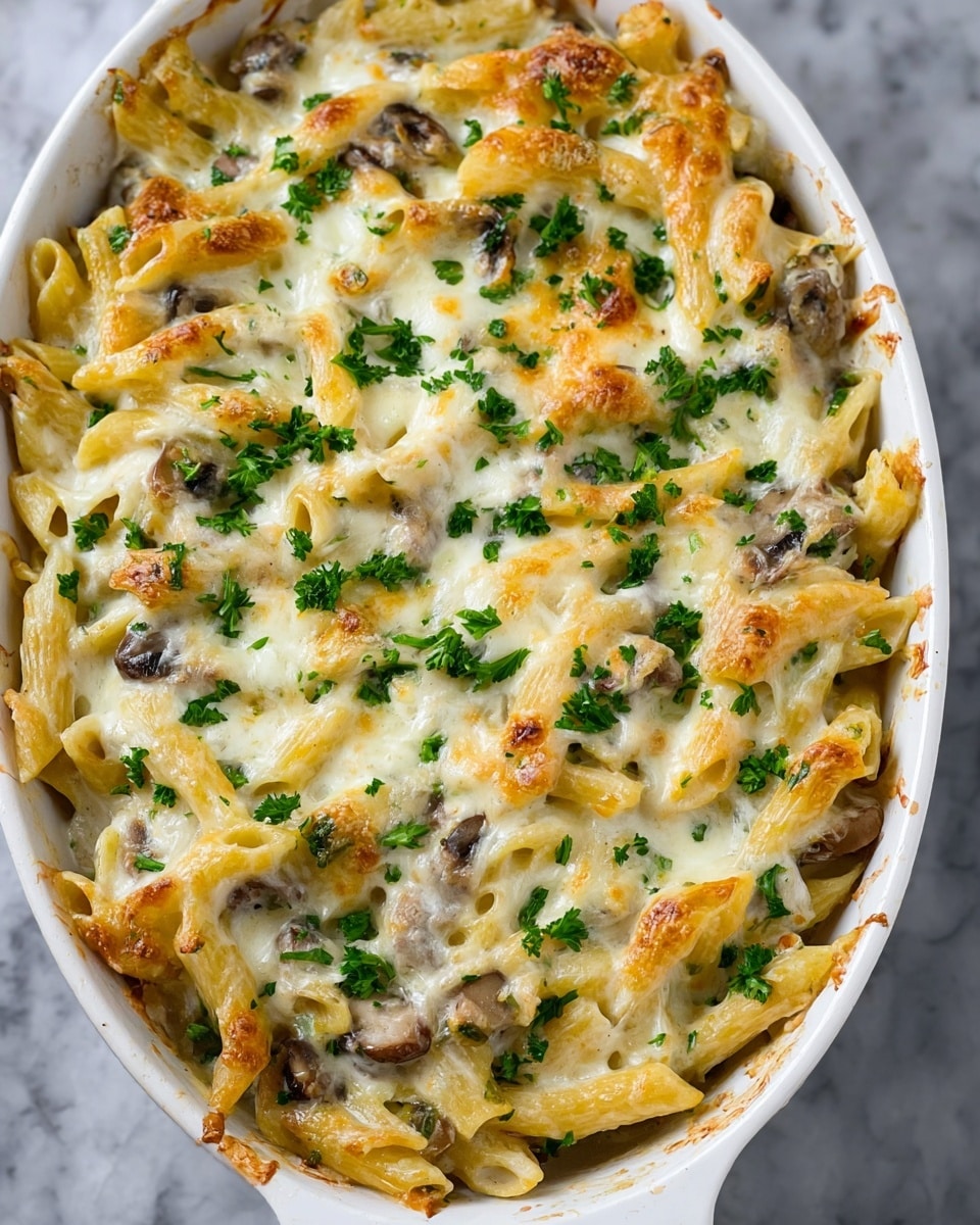 A close-up of a white baking dish filled with a cheesy pasta casserole. The bottom layer is tender penne pasta mixed with creamy white sauce and slices of cooked mushrooms, topped with a golden-brown melted cheese layer that has some browned spots from baking. Small green parsley pieces are sprinkled on top of the cheese. A silver spoon in the dish scoops out a serving, showing the moist, cheesy pasta and mushrooms inside. The dish is set on a white marbled surface. photo taken with an iphone --ar 4:5 --v 7