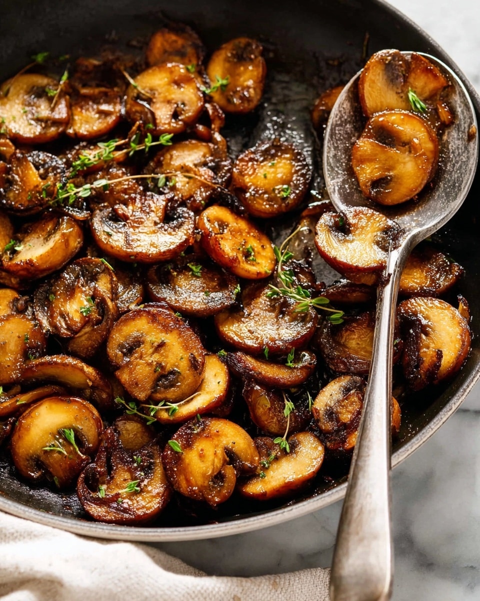 The image shows a close-up of a black skillet filled with browned sautéed mushroom slices. The mushrooms are golden-brown with some darker crispy edges and small green herb leaves scattered on top. A metal spoon holds a few mushroom slices just above the skillet, showing their glossy, slightly oily texture. This all rests on a white marbled surface with a part of a white cloth napkin visible at the bottom left corner. photo taken with an iphone --ar 4:5 --v 7
