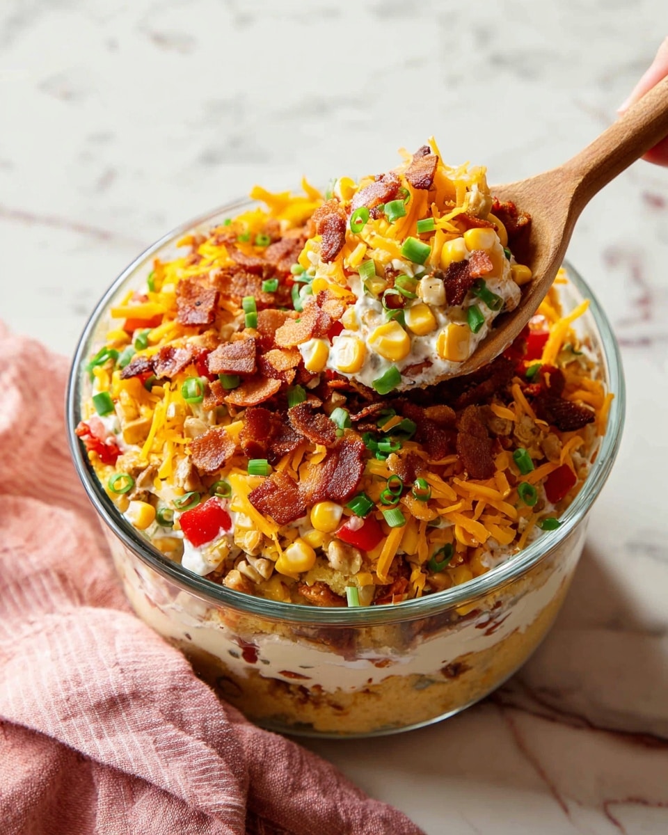 A clear glass bowl holds a layered dish with multiple colorful layers visible from the top and the scoop on a wooden spoon. The bottom layer appears light beige, likely a cornbread or similar base. Above this, there is a mix of beans and corn kernels in yellow and brown, followed by bright red pieces that look like chopped tomatoes or peppers. On top of this is a creamy white layer, probably sour cream or a dressing, then a layer of shredded orange cheddar cheese. The dish is topped with crispy bacon bits and finely chopped green onions scattered over the surface. The bowl sits on a white marbled surface with a pink cloth nearby, and a woman's hand holds the wooden spoon with a scoop of the dish. photo taken with an iphone --ar 4:5 --v 7