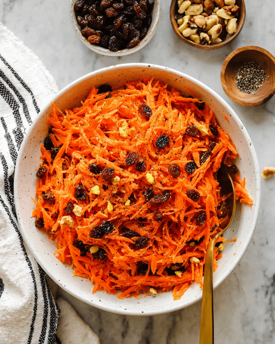 A white bowl filled with a bright orange shredded carrot salad mixed with dark brown raisins and small light yellow pieces of chopped nuts. The salad is sprinkled with black pepper, adding tiny black specks on top. A golden spoon partly sits inside the bowl on the right side. The bowl rests on a surface with a white marbled texture, and nearby are a small bowl of mixed raisins and nuts, a small wooden bowl with black pepper, and a white cloth with black stripes. photo taken with an iphone --ar 4:5 --v 7