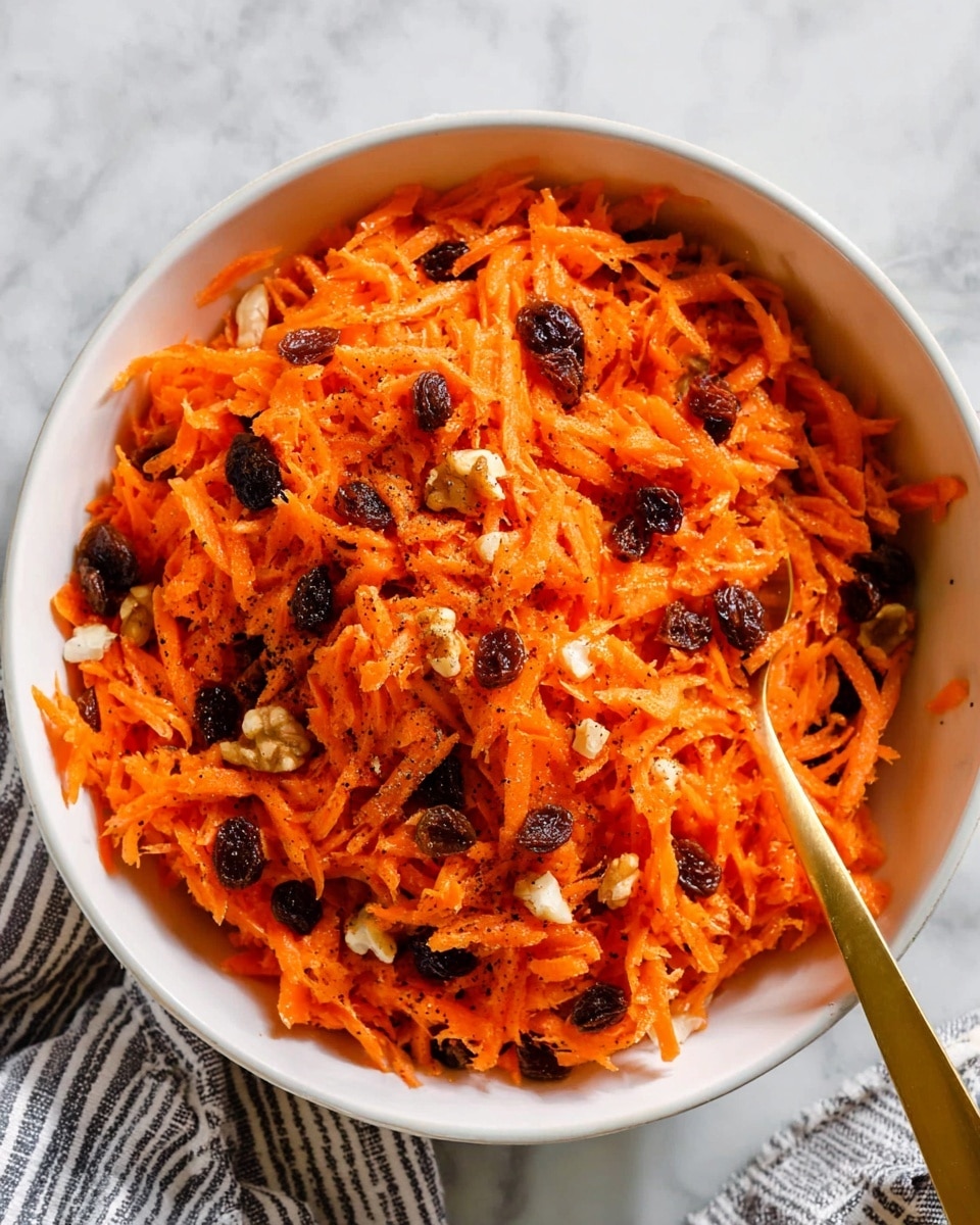 A white bowl filled with shredded bright orange carrots mixed with dark raisins and small pale nut pieces, giving it a textured look with a few black pepper specks scattered on top. A long gold spoon rests inside the bowl on the right side. The bowl is placed on a white marbled surface with part of a striped cloth visible on the bottom right. The scene has soft, natural lighting, making the colors of the carrot salad vibrant and fresh. photo taken with an iphone --ar 4:5 --v 7