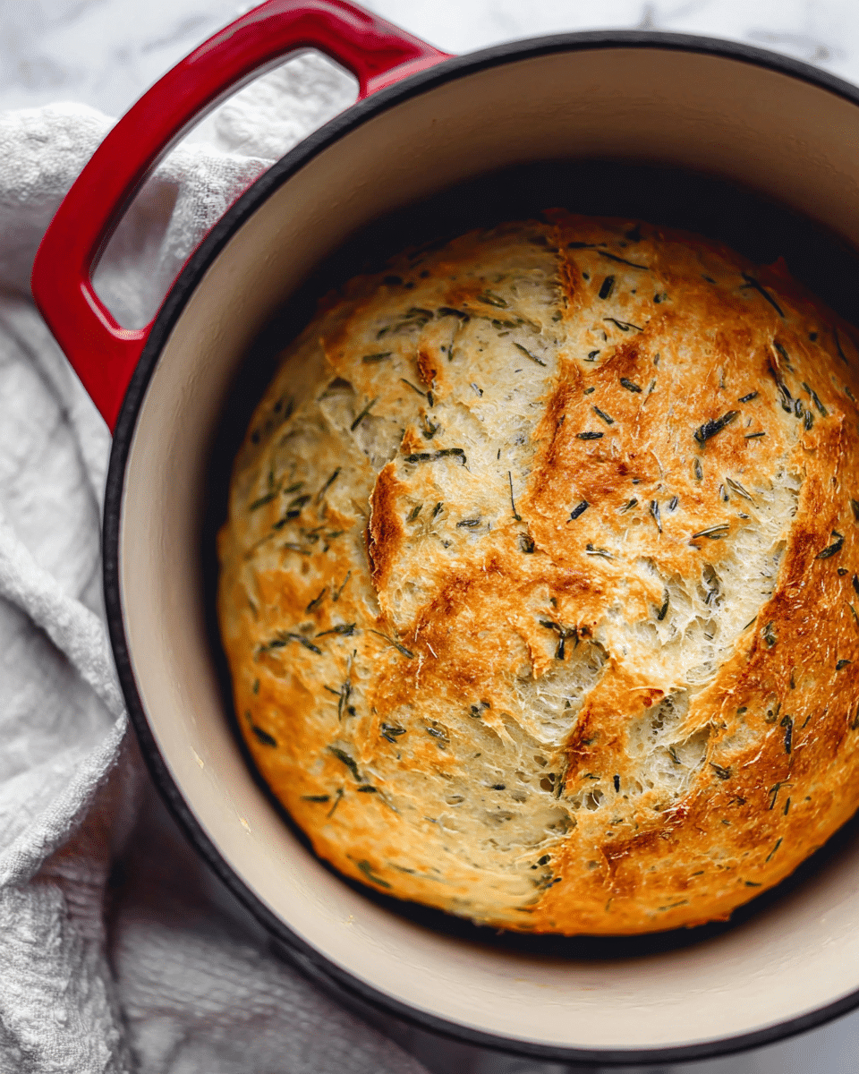 A close-up view of a single round loaf of golden-brown bread with visible green herb pieces baked inside, resting inside a white pot with a red handle. The bread has a slightly cracked top crust with a light, airy texture underneath. The pot sits on a white marbled surface with a white and gray cloth partially visible beneath it. Photo taken with an iphone --ar 4:5 --v 7
