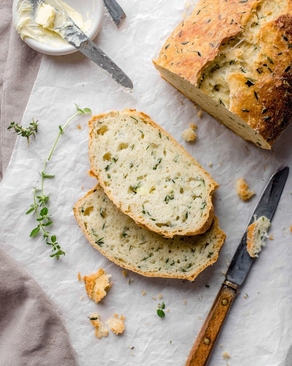 The image shows a loaf of herb bread partially sliced on a white marbled surface. Three slices with a light golden-brown crust and soft, airy, pale interior with small green herb pieces are laid out next to the remaining loaf. A silver knife with a wooden handle rests diagonally beside the bread with crumbs scattered around. In the top left corner, a white round dish with a small amount of spread and another silver knife with a bit of spread on its blade are partially visible. There are small green herb sprigs on the white marbled surface near the slices. Photo taken with an iphone --ar 4:5 --v 7