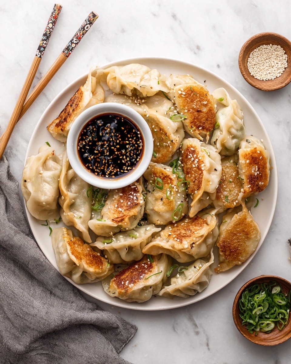 A white plate filled with about twenty dumplings arranged in a loose pile, some dumplings are golden brown and crispy on one side while others are soft and pale beige. The dumplings are garnished with small green onion slices and sprinkled white sesame seeds. On the top middle of the plate, there is a small white bowl filled with dark soy sauce topped with more sesame seeds and green herbs. To the left of the plate are a pair of wooden chopsticks with a decorative pattern, resting on a white marbled surface. To the right, two small wooden bowls contain green herbs and white sesame seeds. A gray cloth napkin is partially visible at the bottom left corner of the scene. Photo taken with an iphone --ar 4:5 --v 7