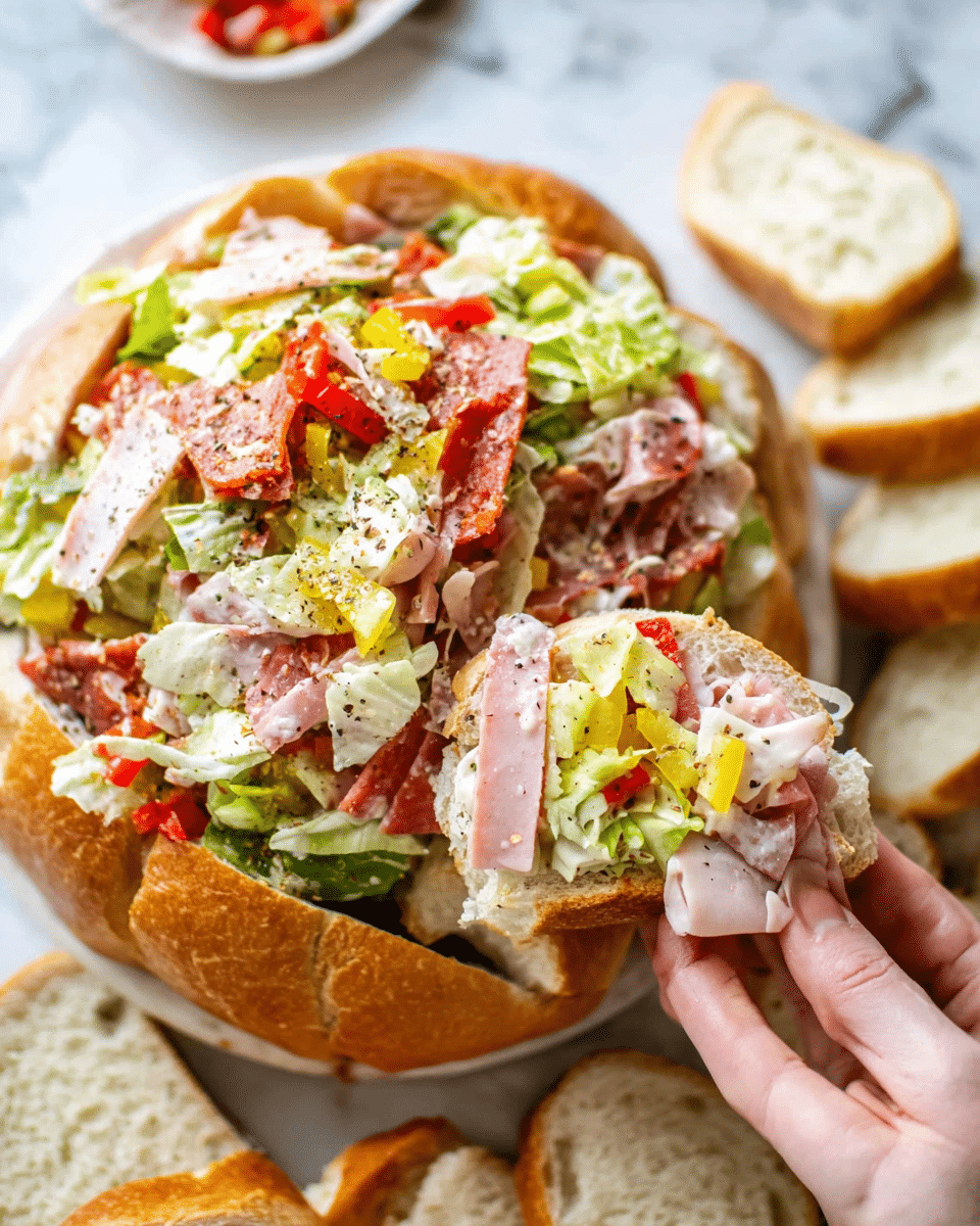 A white round bread bowl filled with a colorful layered salad made of chopped lettuce, red bell peppers, yellow pepper slices, slices of white cheese, and mixed cold cuts including ham, turkey, and pepperoni, all tossed together and lightly seasoned with black pepper. Surrounding the bread bowl are thick white bread slices, neatly arranged on a white marbled surface. A woman's hand is holding one bread slice topped with the salad, showing the mix of ingredients clearly. Photo taken with an iphone --ar 4:5 --v 7