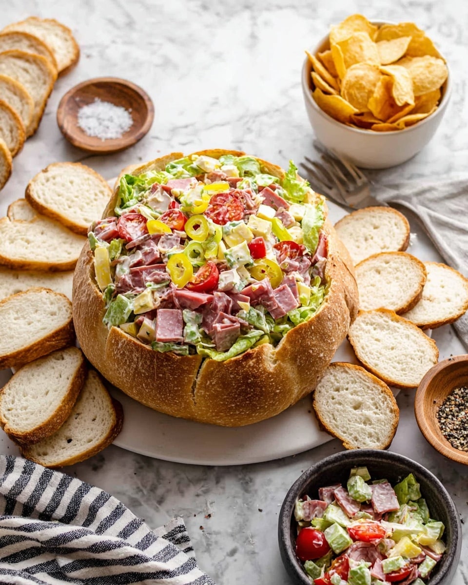 A round bread bowl filled with chopped layers of salad is placed on a white plate surrounded by slices of bread. The salad inside shows layers of green lettuce, red diced tomatoes, yellow pepper rings, white cheese slices, and pieces of pink ham and salami mixed throughout. On the side, there is a small white bowl filled with round crackers and a striped cloth near it. Also, there is a small wooden bowl with a mixture of salt and pepper and a dark bowl with more of the chopped salad mix. Everything sits on a white marbled textured surface. photo taken with an iphone --ar 4:5 --v 7