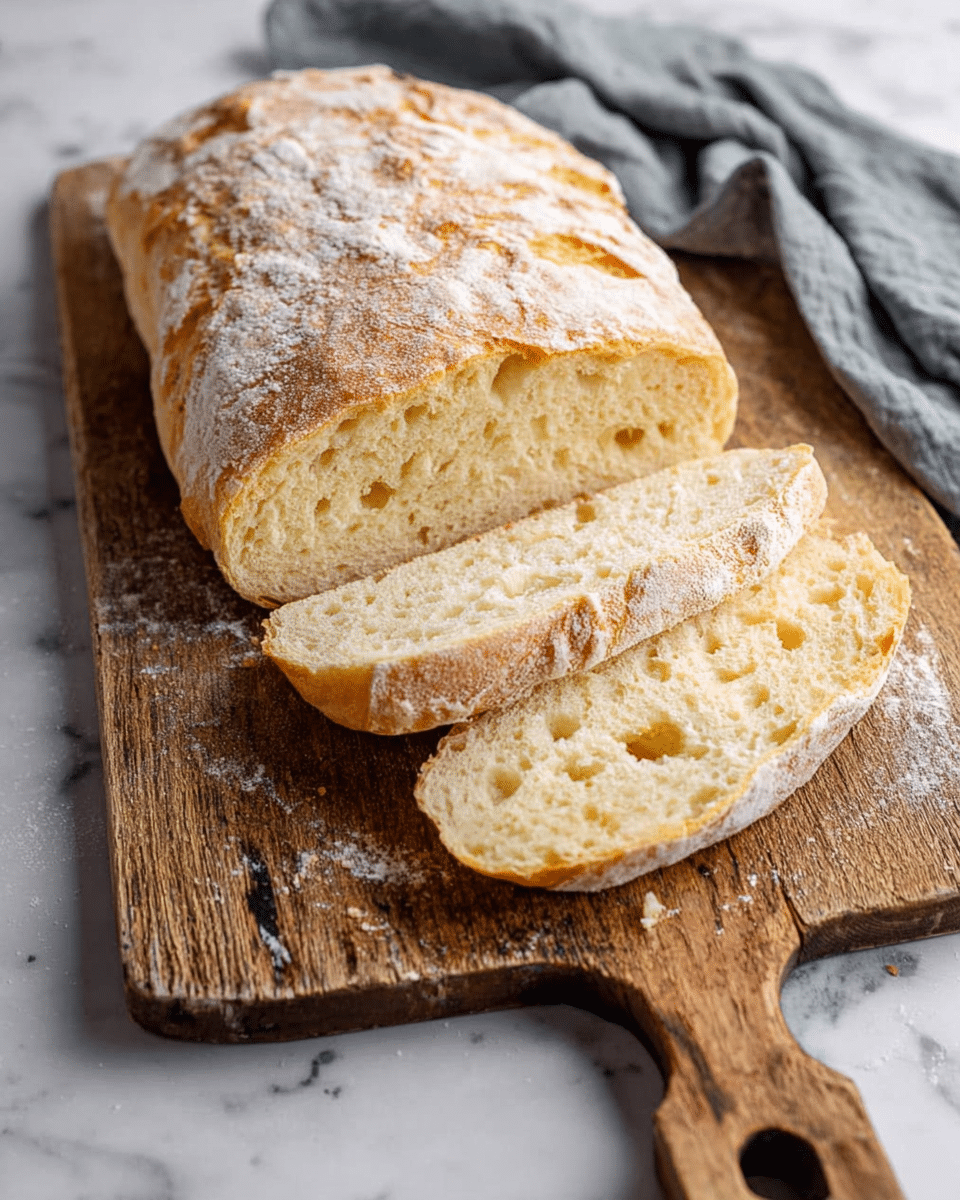 A loaf of bread is placed on a worn wooden cutting board with a handle, resting on a white marbled surface. The bread has a golden brown crust with a light dusting of flour on top, and it is sliced into three pieces showing its soft, airy, and slightly yellowish inside with small holes. A grey cloth napkin is partially visible in the background, adding a cozy touch to the scene. photo taken with an iphone --ar 4:5 --v 7