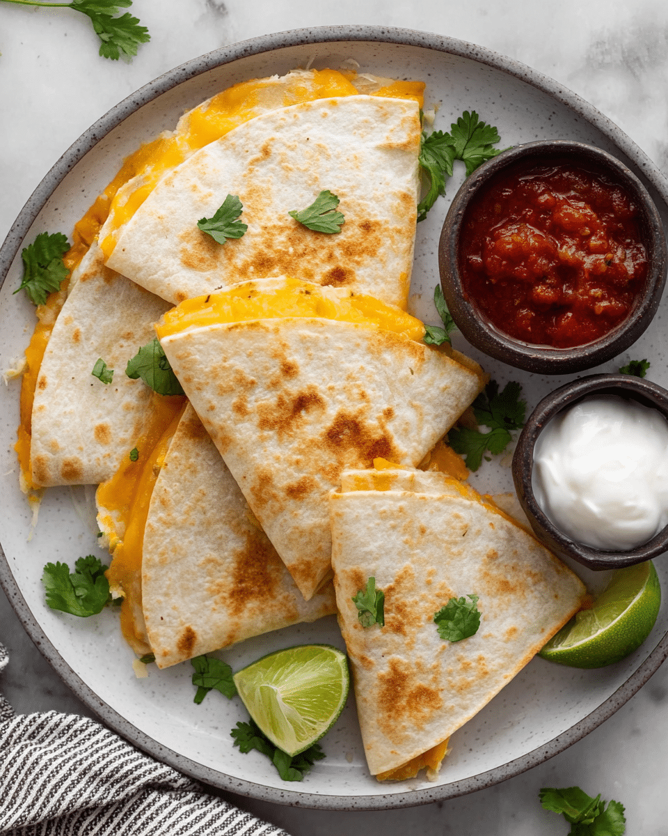The image shows four folded quesadilla slices arranged in a rough circle on a white plate with a gray border, each slice made of a light brown toasted tortilla filled with melted bright orange cheese that slightly oozes out from the edges. Fresh green cilantro leaves are scattered on and around the quesadillas on the plate, adding contrast. To the right side of the plate are two small dark bowls, one filled with deep red chunky salsa and the other with white sour cream. A fresh lime wedge with a pale green interior rests near the bowls. The plate sits on a white marbled surface, and a woman's hand with part of a striped cloth is visible on the lower left corner. Photo taken with an iphone --ar 4:5 --v 7