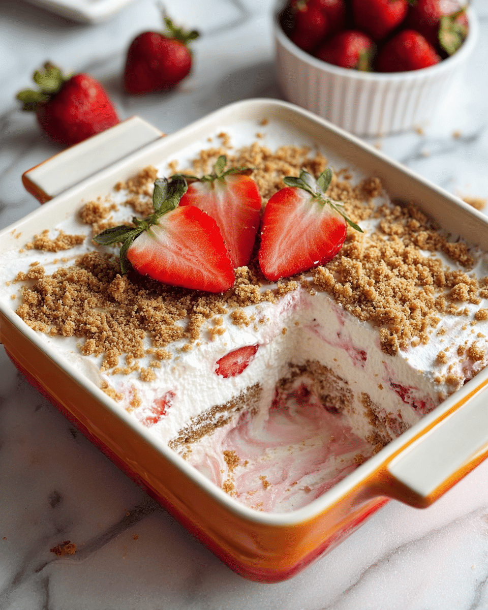 A square white dish with orange handles holds a layered dessert. The bottom layer is white and creamy with hints of pink strawberry sauce mixed in. The middle layer appears soft and white with some red strawberry pieces visible. The top layer is a crumbly brown graham cracker crust scattered across the surface. Three fresh strawberry halves with green leaves are placed on top as decoration. The dish is on a white marbled surface with a small white bowl of whole strawberries blurred in the background. Photo taken with an iphone --ar 4:5 --v 7