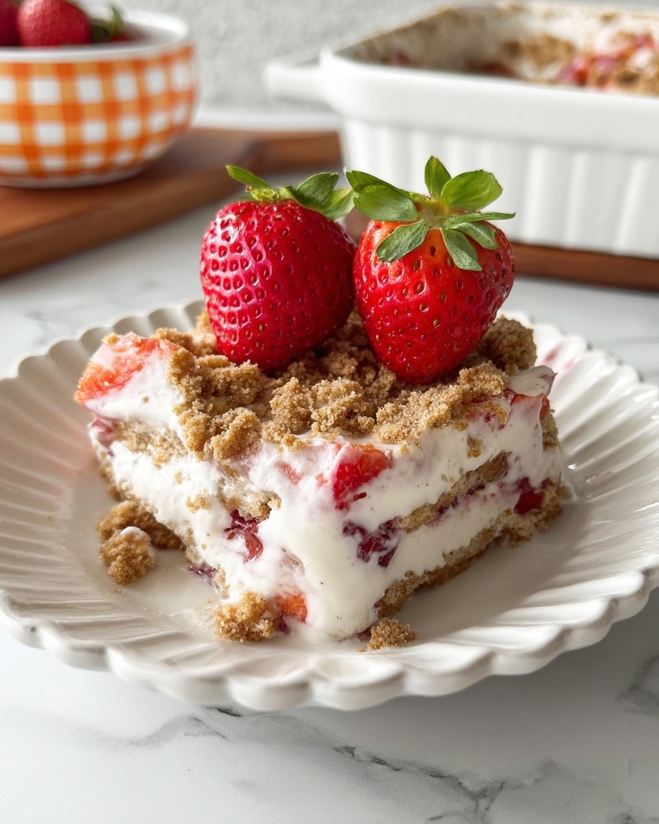 The image shows a dessert on a white scalloped plate with three visible layers: a creamy white base layer with chunks of strawberries, a crumbly light brown layer scattered on top adding rough texture, and two fresh halved strawberries with green leaves placed at the top center. The dessert looks soft and textured with small berry pieces visible inside. The background is a white marbled texture with a blurred white bowl with orange checkered lines and a wooden board behind the plate. Photo taken with an iphone --ar 4:5 --v 7