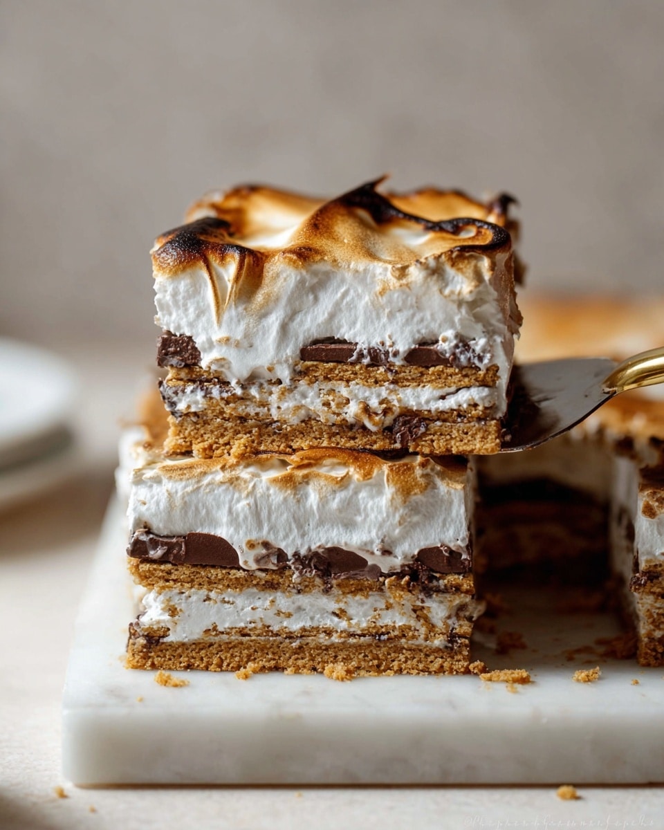The image shows a slice of layered s'mores dessert with five visible layers resting on a white marble board. The base layer is a golden brown graham cracker crust, followed by a fluffy white marshmallow cream layer mixed with bits of chocolate. Another layer of graham cracker with thin, dark chocolate pieces comes next, then another marshmallow cream layer. The top layer is a thick spread of toasted golden-brown marshmallow cream with some darker, caramelized spots. The slice is being lifted by a spatula with a white marble background in soft light. photo taken with an iphone --ar 4:5 --v 7