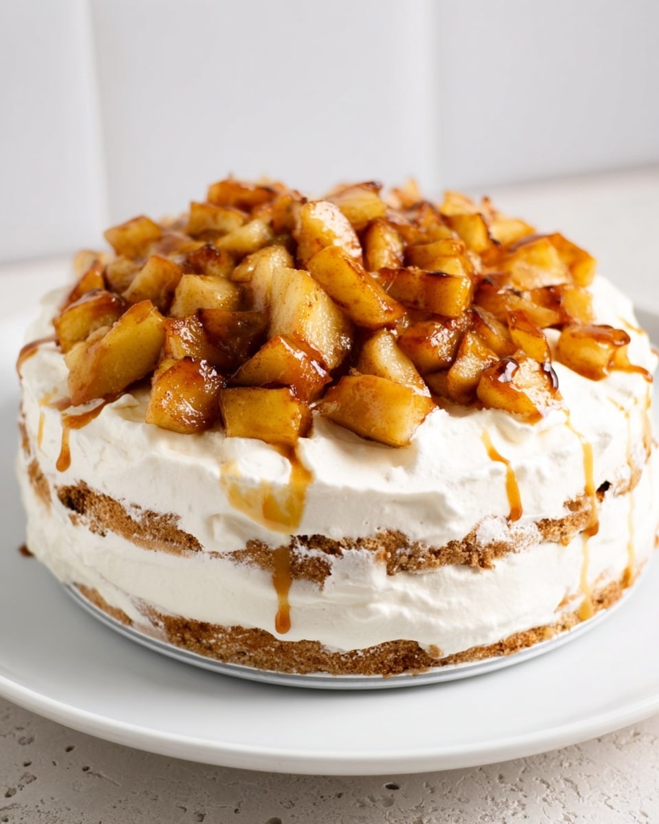 The image shows a round, layered dessert placed on a white plate with a white marbled textured surface in the background. The cake has multiple visible layers, alternating between creamy white frosting and light brown cake or biscuit layers. The top is covered with a thick, smooth white frosting and decorated with a generous pile of golden brown caramelized apple chunks that glisten with a light drizzle of caramel sauce over them. The texture of the frosting looks soft and creamy, while the caramelized apples appear slightly glossy and sticky. Photo taken with an iphone --ar 4:5 --v 7