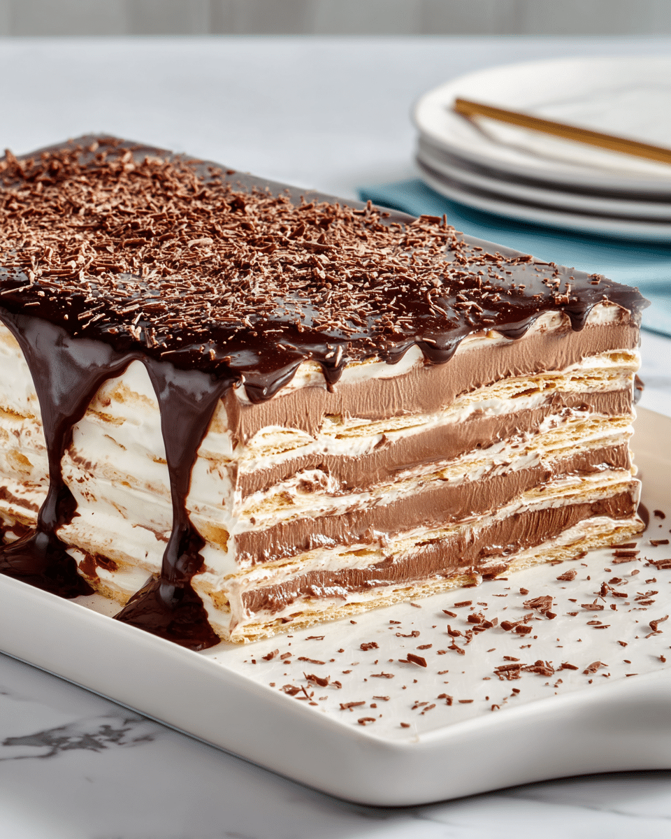 A multi-layered dessert with about seven visible layers is shown on a white rectangular plate set on a white marbled surface. The layers alternate between light beige, crisp meringue-like texture and smooth, dark brown chocolate cream. The top layer is coated with a shiny dark chocolate glaze that drips slightly over the edges and is sprinkled with fine chocolate shavings. One side of the dessert is cut out, showing the detailed texture and pattern of the meringue and chocolate layers inside. Photo taken with an iphone --ar 4:5 --v 7
