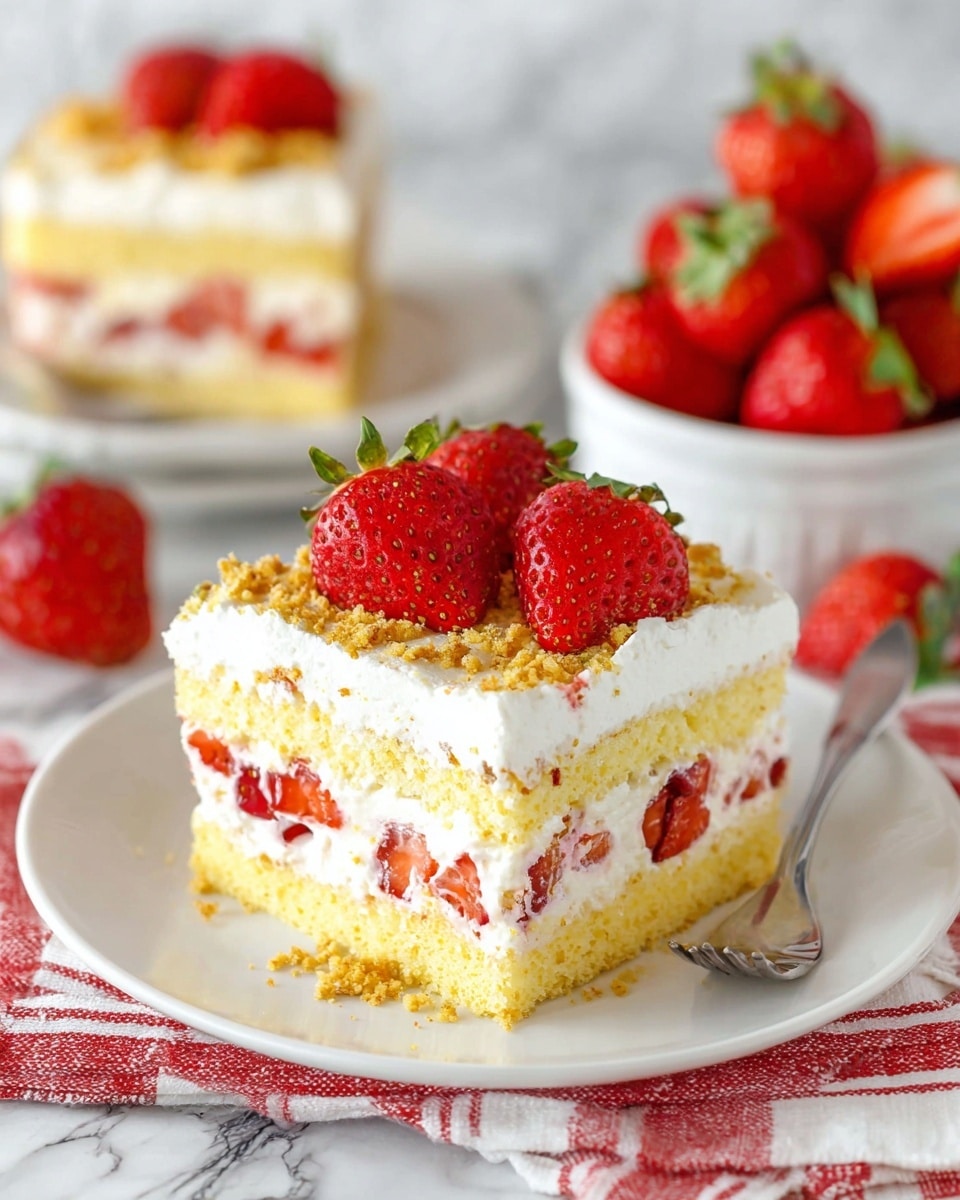 A square slice of layered strawberry shortcake sits on a white plate with a silver fork on the side. The dessert has three thick layers of soft yellow cake, separated by two layers of white cream filled with small pieces of fresh red strawberries. The top layer is covered with white cream, sprinkled generously with golden brown crumbs, and decorated with four halved strawberries arranged on top. In the background, there is a white bowl filled with whole strawberries and a second plate of the same dessert, all set on a white marbled surface with a red and white striped cloth partially under the plate. Photo taken with an iphone --ar 4:5 --v 7