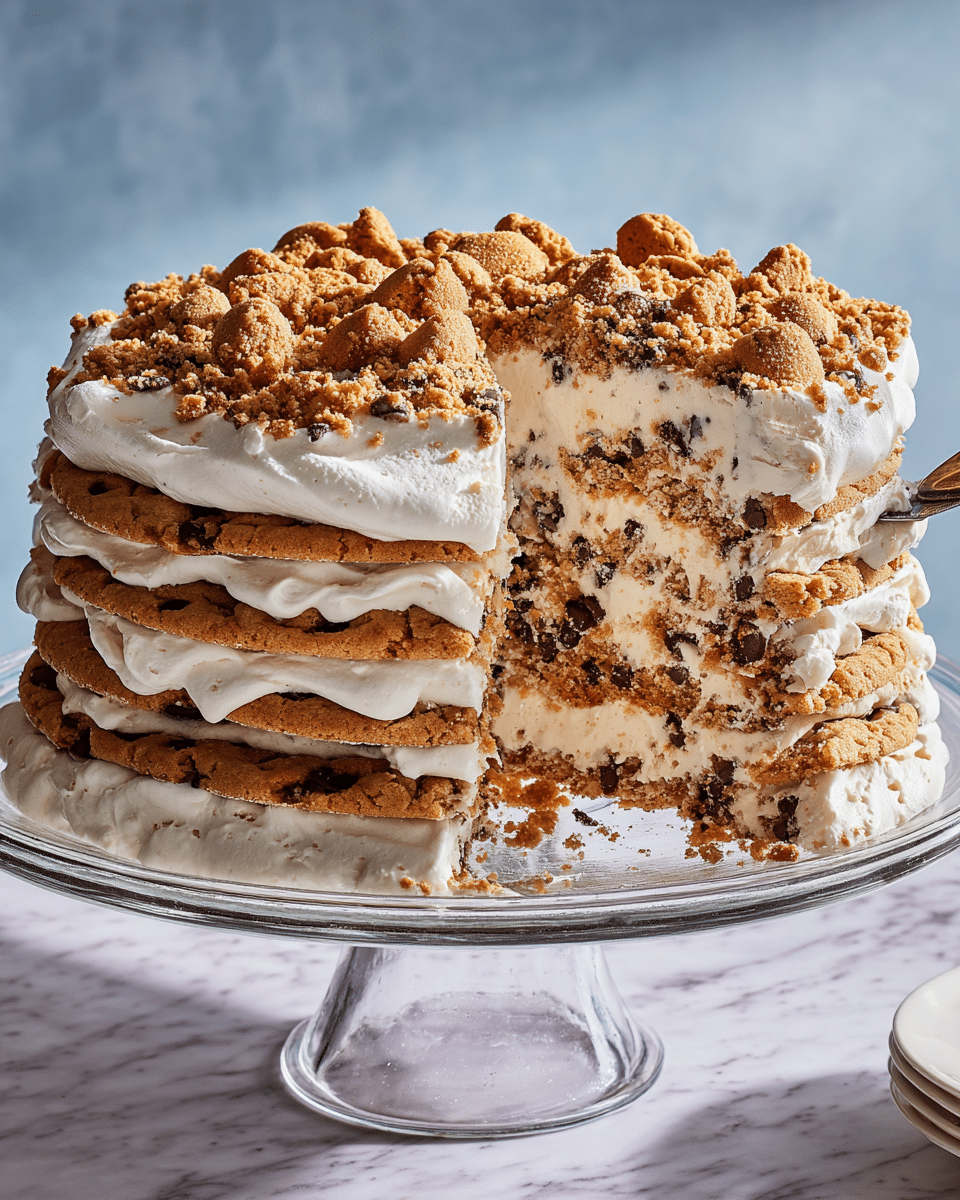 A tall layered cake made with alternating layers of round golden brown chocolate chip cookies and thick white whipped cream filling, stacked about six layers high. The top layer is fully covered with whipped cream and sprinkled densely with crumbled cookie pieces. A slice is being lifted, revealing the soft cream and cookie layers tightly packed inside with some cookie crumbs sticking out. The cake stands on a clear glass cake stand against a white marbled surface and soft blue background. photo taken with an iphone --ar 4:5 --v 7