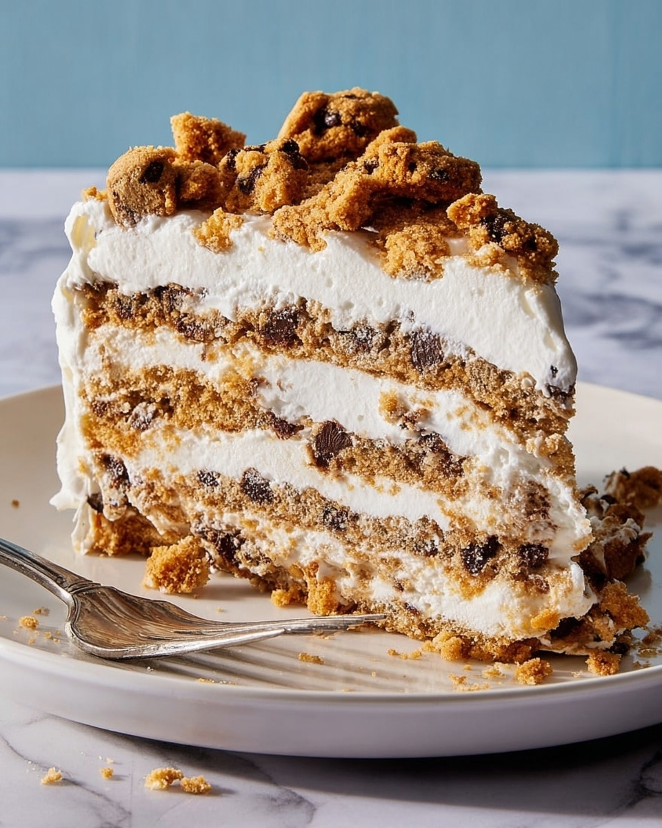A slice of layered cookie and cream dessert rests on a white plate, placed on a white marbled surface. The slice has about six layers of light brown cookie with chocolate chips, alternating with thick, fluffy white cream layers. The top is decorated with broken cookie pieces, adding texture and a crunchy look. A fork is stuck into the right side of the slice, ready to take a bite, and crumbs are scattered on the plate and surface. The background is soft blue, making the dessert stand out clearly. photo taken with an iphone --ar 4:5 --v 7