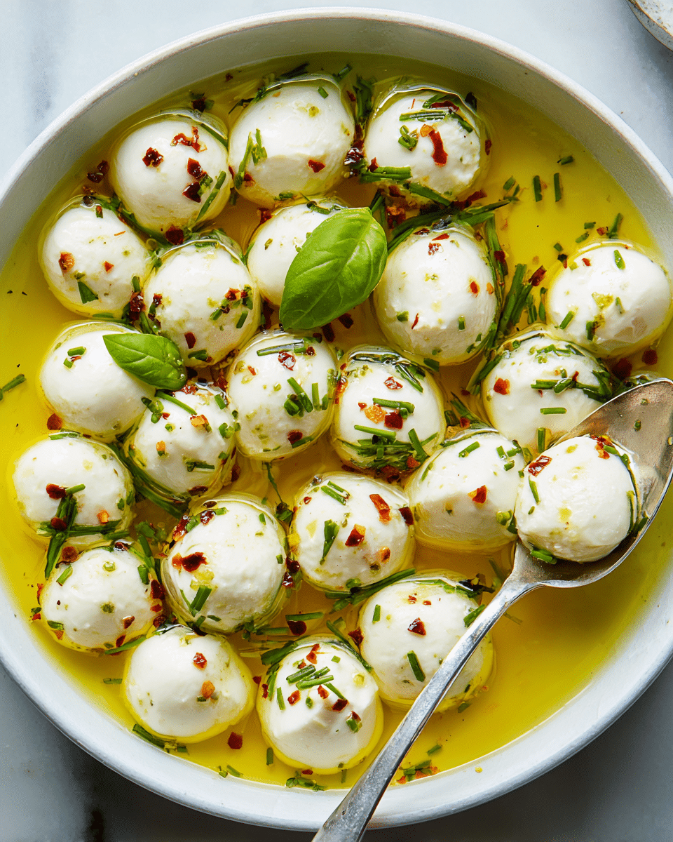 The image shows a white bowl filled with small, smooth, white mozzarella cheese balls sitting in a golden yellow olive oil layer. Scattered over the cheese balls are finely chopped green chives and small red chili flakes, adding texture and color contrast. There are also a few fresh green basil leaves spread across the top, adding a fresh touch. A silver spoon is partially submerged in the olive oil, holding three mozzarella balls. The bowl is placed on a white marbled surface. Photo taken with an iphone --ar 4:5 --v 7