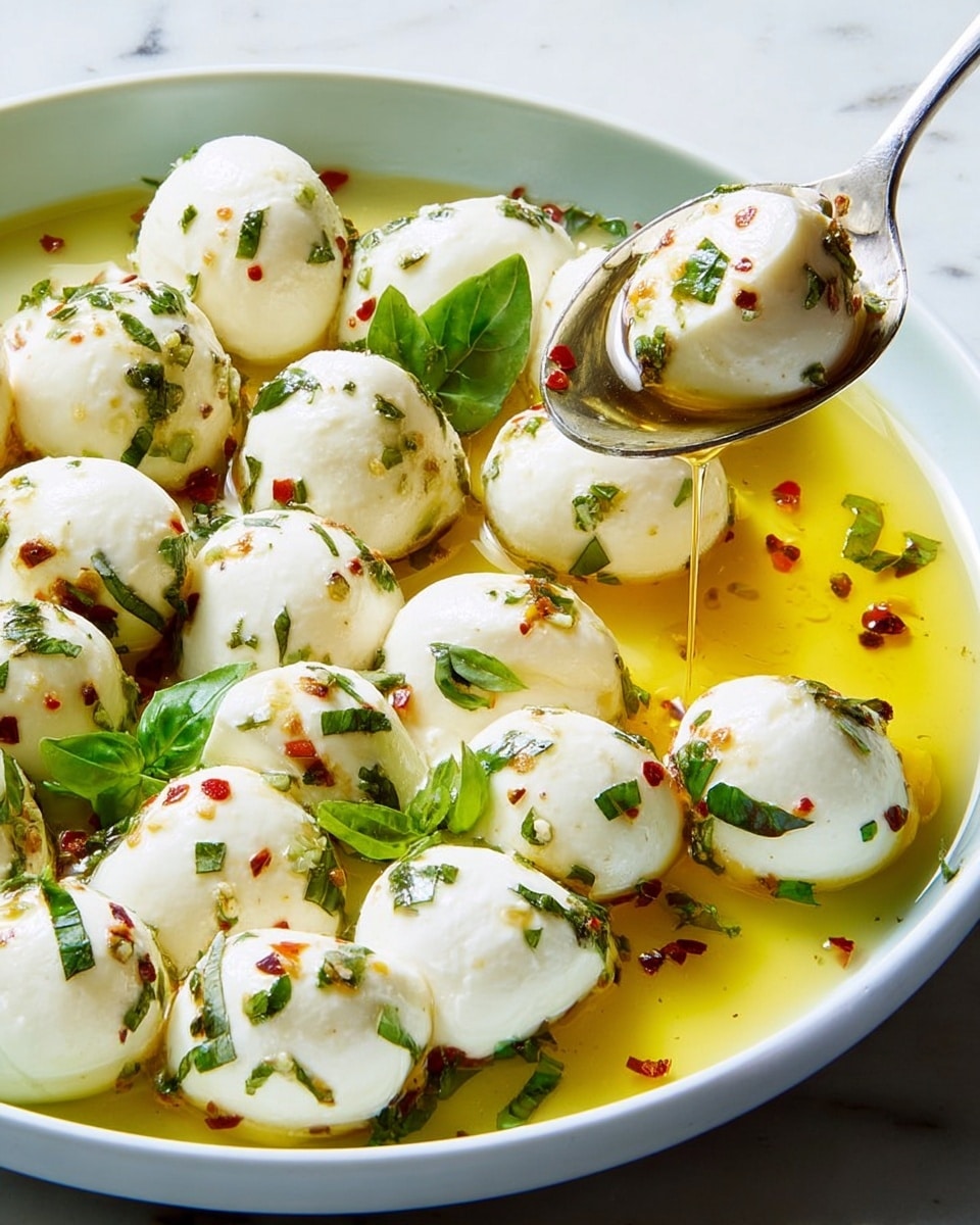 A white bowl is full of small white balls of fresh mozzarella cheese, each sprinkled with small green pieces of chopped herbs and tiny red chili flakes. The mozzarella balls float in a golden-yellow oily liquid with green herb bits and red spice flakes scattered throughout. A silver spoon on the right side of the bowl lifts two mozzarella balls, with a slow drip of the golden liquid falling back into the bowl. There are a few fresh green basil leaves mixed among the cheese balls. The bowl sits on a white marbled surface. photo taken with an iphone --ar 4:5 --v 7