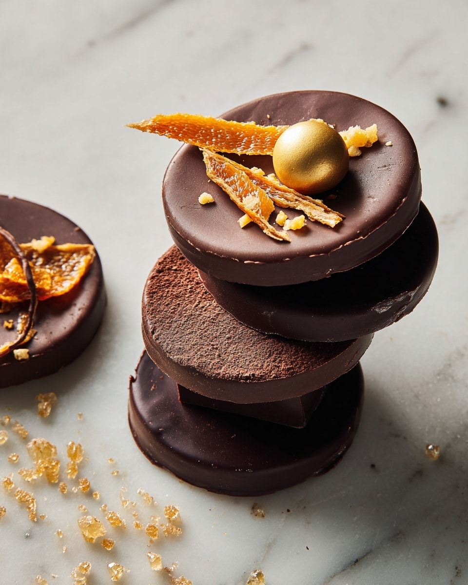 The image shows a stack of four round dark chocolate discs on a white marbled surface. The top disc is decorated with small orange crunchy sticks and a shiny round golden ball in the center. The second disc below appears plain with a smooth, slightly wrinkled texture. The third disc has a faint pattern resembling cocoa powder dusted on it. The bottom disc is smooth and dark brown. Nearby, there is another chocolate disc topped with a piece of dried orange peel. The surface has scattered golden sugar crystals around the chocolates. photo taken with an iphone --ar 4:5 --v 7