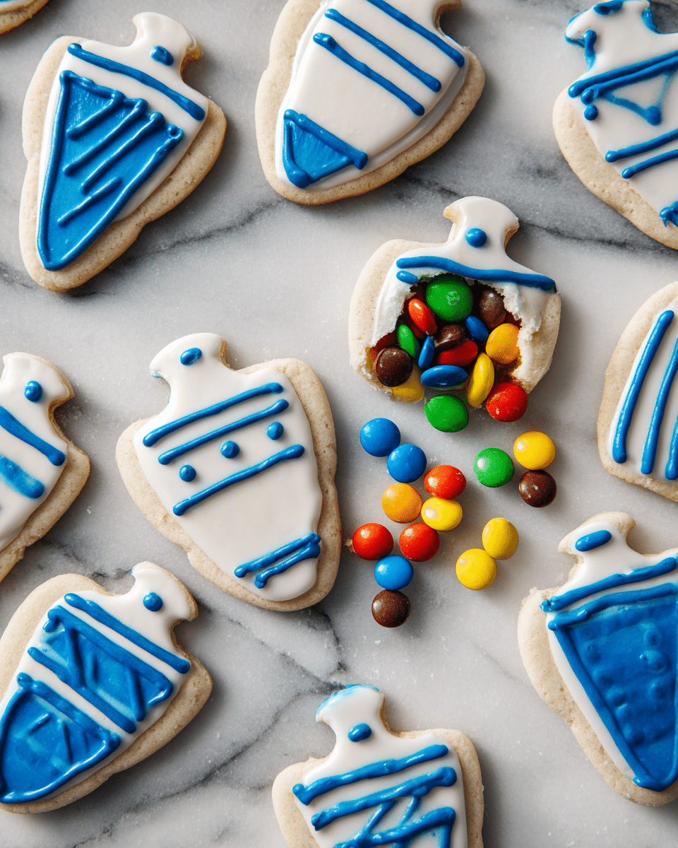 The image shows several dreidel-shaped cookies laid out on a white marbled surface. Each cookie has two layers: a thick base layer of light beige cookie dough and a smooth, even white icing layer on top. Bright blue icing decorates each cookie with simple geometric patterns, including outlines and diagonal lines, enhancing the dreidel shape. One cookie is broken in half at the center, revealing colorful candy pieces inside, spilling onto the surface in green, red, yellow, orange, blue, and brown. The candy pieces are small, round, and glossy, contrasting with the matte cookie surface. Photo taken with an iphone --ar 4:5 --v 7