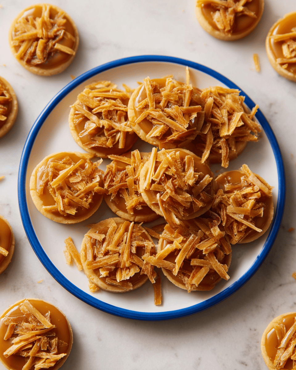 The image shows a white plate filled with round treats, each having two layers: a smooth, shiny caramel-colored base topped with a generous layer of thin, crispy golden brown strips arranged randomly, giving a crunchy texture. The plate is placed on a white marbled surface with a few more of the same treats scattered around it, emphasizing their crispy texture and warm golden hues. photo taken with an iphone --ar 4:5 --v 7