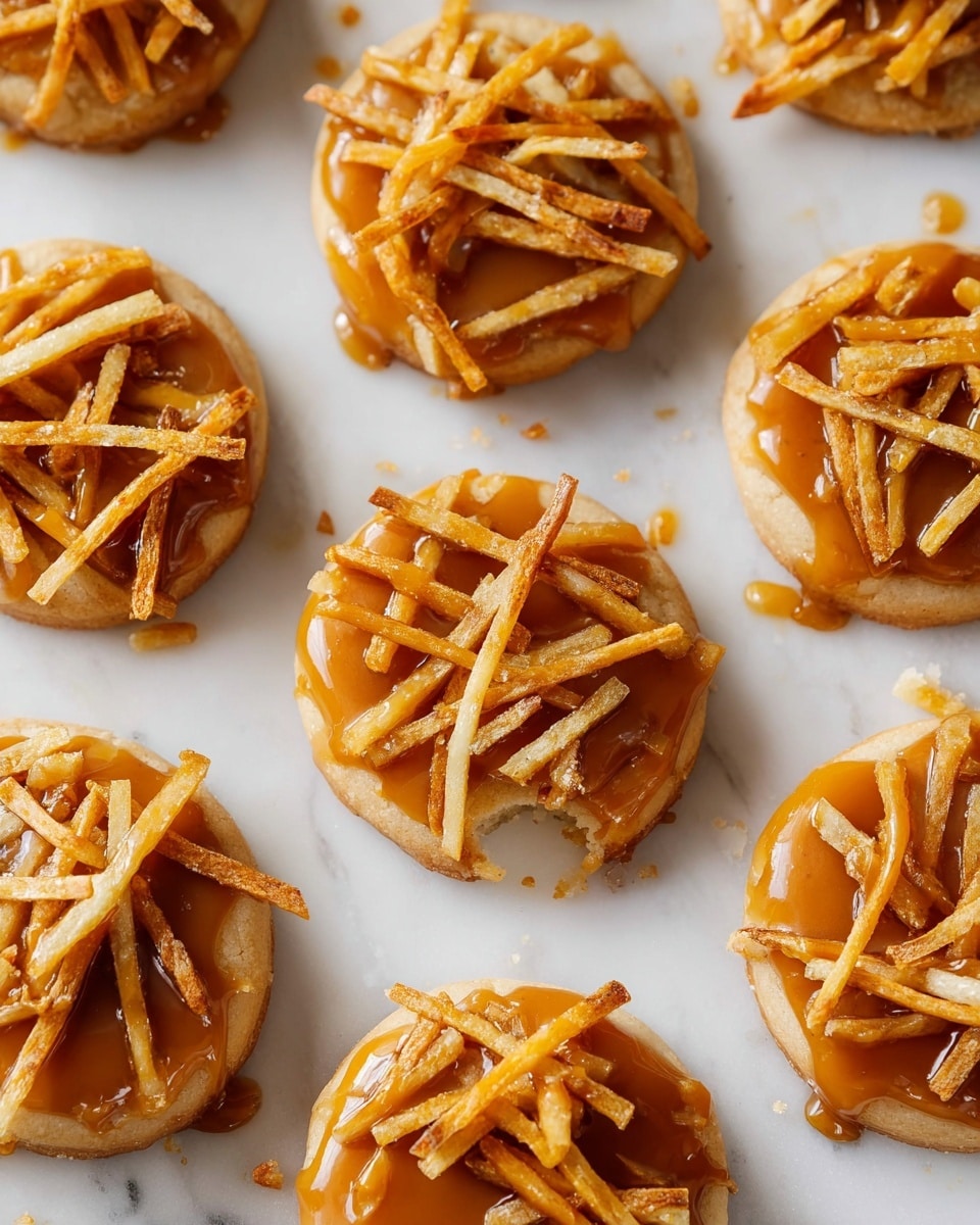 The image shows nine round cookies arranged on a white marbled surface. Each cookie has two clear layers: a base layer of light tan, smooth cookie dough and a top layer of glossy caramel sauce with a golden brown color that is slightly dripping over the edges. On top of the caramel, there is a scattered pile of thin, crispy, golden brown fried potato sticks, adding a crunchy texture. The cookies are evenly spaced, and one cookie in the middle has a small chunk missing, showing its soft inside. The lighting highlights the glossiness of the caramel and the crispiness of the potato sticks. photo taken with an iphone --ar 4:5 --v 7