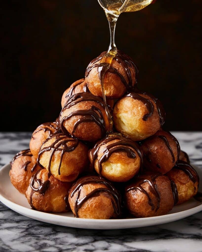 Loukoumades with Cinnamon Chocolate Drizzle and Pistachios Recipe