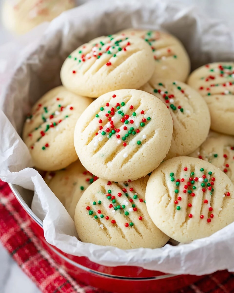 A close-up view of a round container lined with white parchment paper, filled with pale, round cookies. Each cookie has three parallel fork marks on the top, sprinkled with small round sprinkles in red, green, and white colors. The cookies have a smooth, slightly soft texture and are stacked on each other inside the container. The background is a white marbled texture with a glimpse of a red and white checkered cloth underneath the container. photo taken with an iphone --ar 4:5 --v 7