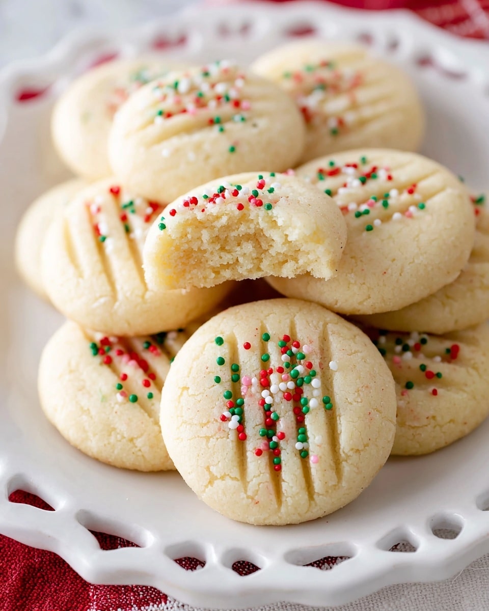 A pile of soft, round shortbread cookies sits on a white plate with a cut-out edge design, placed on a white marbled surface with a red and white cloth underneath. Each cookie is pale beige with a slightly crumbly texture and has four shallow, parallel fork marks on top. The tops are decorated with small round sprinkles in red, green, and white colors scattered unevenly along the fork marks. One cookie is broken in half and balanced on others, showing a dense and slightly grainy inside with sprinkles sticking to its edge. Photo taken with an iphone --ar 4:5 --v 7