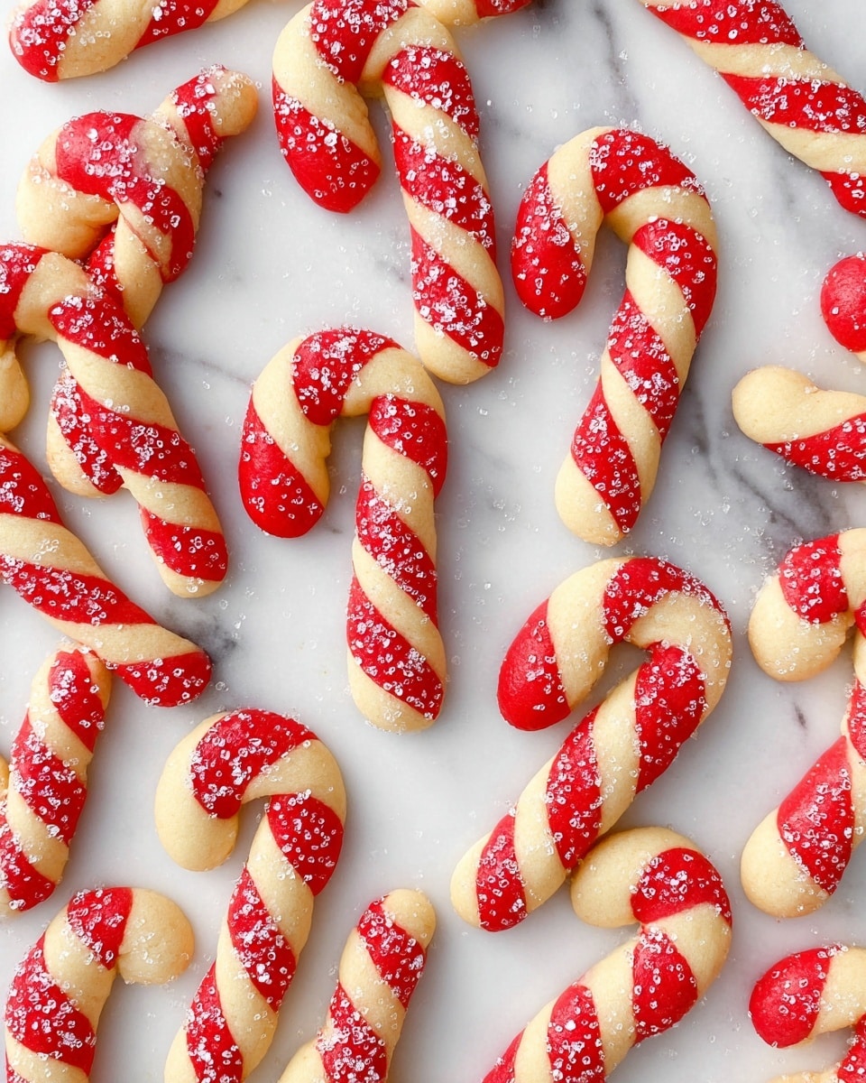A clear glass filled with candy cane-shaped cookies that have alternating twisted red and light beige dough stripes. The cookies have a soft texture and some are sprinkled with coarse white sugar crystals. Several cookies lie scattered around the glass on a white marbled surface, showing the same red and beige twisting pattern. The background is bright and softly blurred, emphasizing the vivid colors and texture of the cookies. photo taken with an iphone --ar 4:5 --v 7