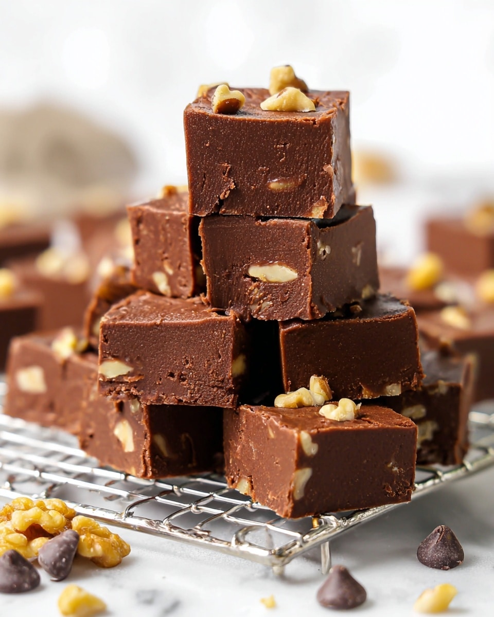 A stack of five square pieces of chocolate fudge with visible small walnut pieces inside each layer, the top piece has a bite taken out revealing a dense and smooth texture, each fudge piece is a rich brown color with a slightly glossy surface and sprinkled walnut chunks on top, the stack sits on a metal cooling rack on a white marbled surface, with more fudge pieces blurred in the background, creating a cozy and inviting look. Photo taken with an iphone --ar 4:5 --v 7