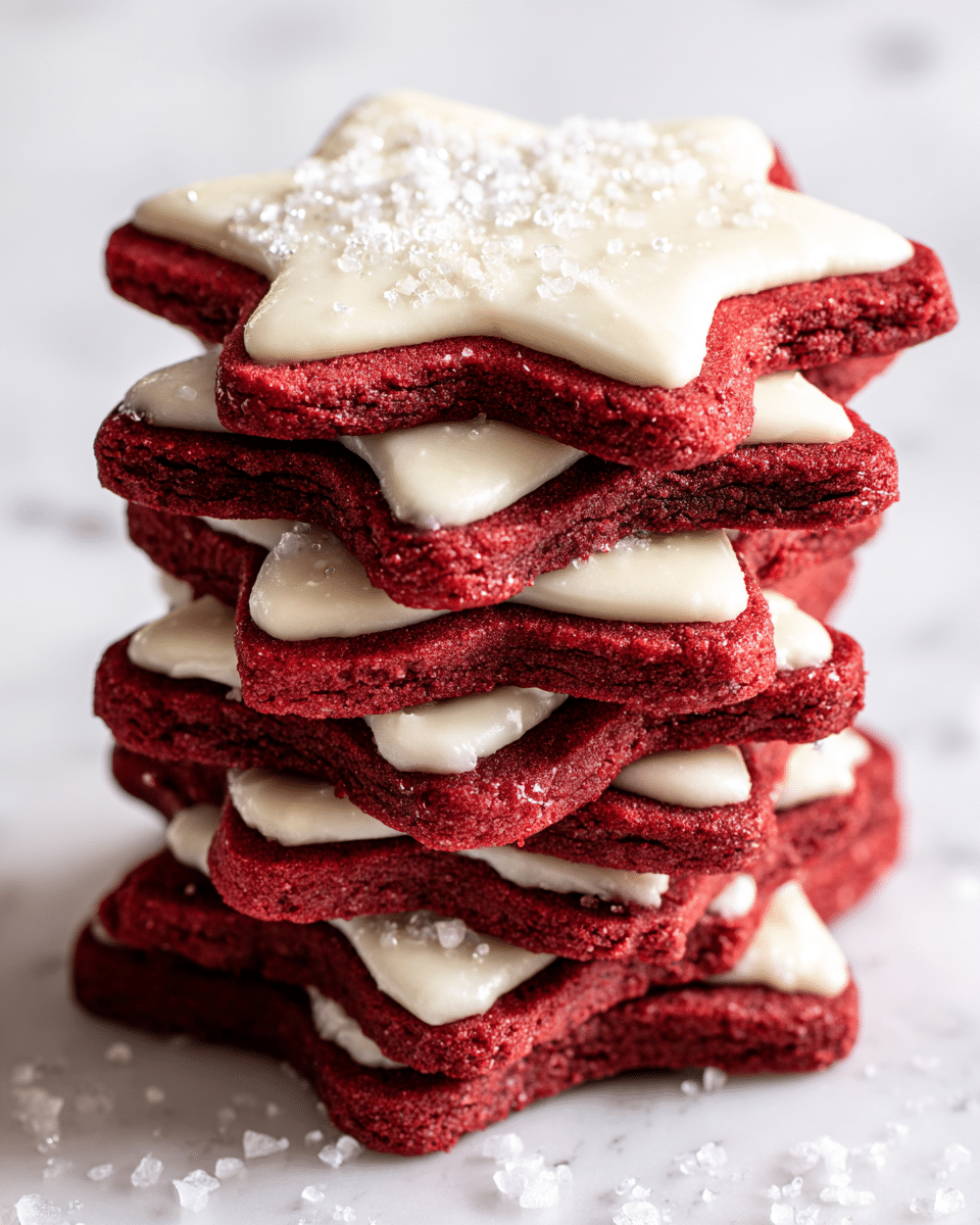 A tall stack of about seven star-shaped red velvet cookies is shown, each cookie separated by a thin layer of white frosting that looks creamy and slightly uneven, with coarse sugar crystals sprinkled on top of the frosting adding a sparkling effect. The cookies have a rich red color and a soft texture with rounded edges. The stack sits on a white marbled surface, and some sugar crystals are scattered around the base. The top cookie is fully visible with its frosted surface shining under soft light. photo taken with an iphone --ar 4:5 --v 7
