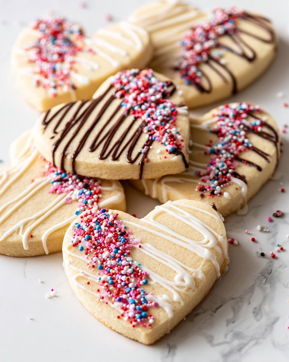 A close-up view of six heart-shaped sugar cookies arranged in a loose stack on a white marbled surface. Each cookie has a smooth, light golden base and is decorated with thin lines of icing and small round colorful sprinkles. Three cookies at the bottom are drizzled with white icing, adorned with tiny red, pink, blue, and white sprinkles, while the three cookies behind have a dark brown chocolate drizzle with the same colorful sprinkles. The icing lines vary in thickness and curve naturally over the cookie surfaces, giving each cookie a delicate, festive look. photo taken with an iphone --ar 4:5 --v 7
